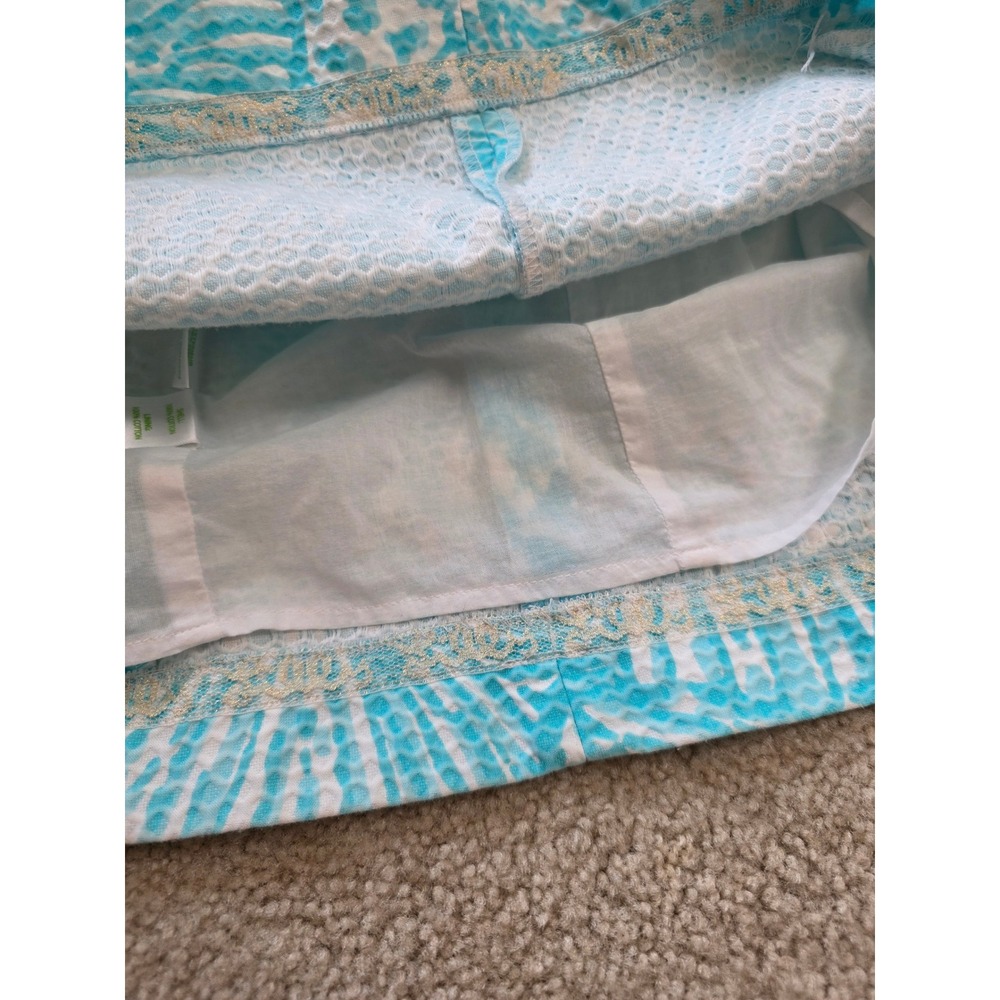 Lilly Pulitzer Turquoise Shell Print Seersucker Shift Dress Crochet Lace Trim 8 - Picture 12 of 12